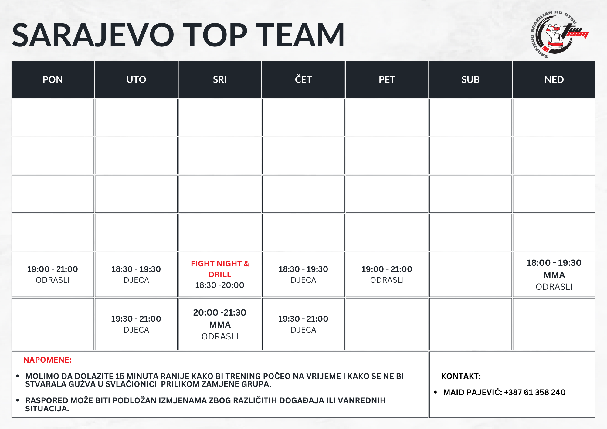 Printable raspored treninga Sarajevo Top Team